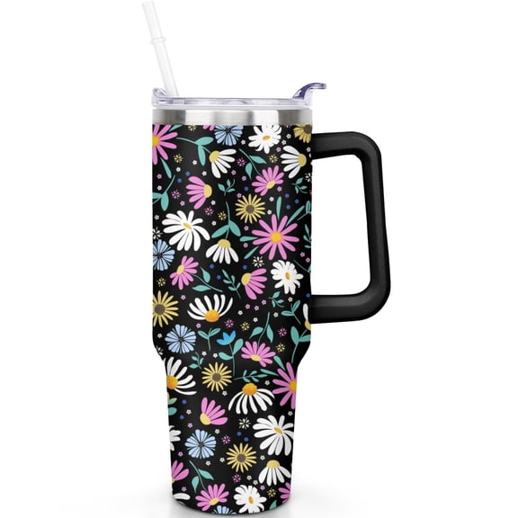 40 oz Daisy Tumbler with Spill Proof Snap Lid Ergonomic Handle 40oz Daisy Theme Tumbler Reusable Straw Double Insulated Copper Lining Daisy Lover Gifts Travel Must Haves