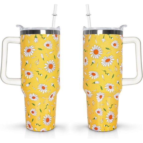40 oz Daisy Tumbler with Handle and Straw Lid Daisy Themed Gifts for Women Flower Lovers Double Insulated Cup Travel Coffee Mug