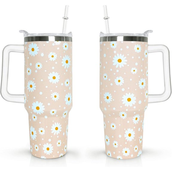 40 oz Daisy Tumbler with Handle and Straw Lid Daisy Themed Gifts for Women Flower Lovers Double Insulated Cup Travel Coffee Mug