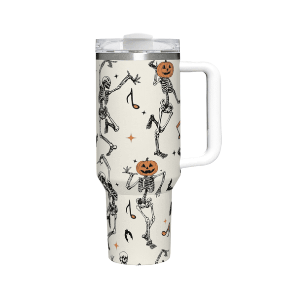 40 oz Dancing Skeleton Print Tumbler with Handle & Straw, Halloween Themed Stainless Steel Insulated Travel Mug, Leakproof Lid, Keeps Cold Hot, Spooky Season Gift