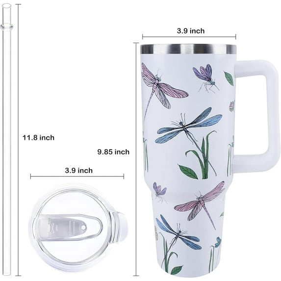 40 oz Dragonfly Tumbler with Handle and Straw, Travel Mug Water Bottle, Stainless Steel Insulated Cup with Lid and Straw, Birthday Christmas Gifts