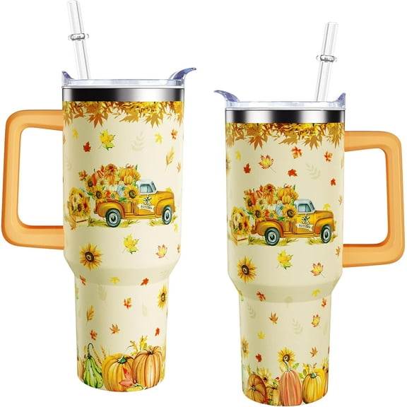 40 oz Fall Tumbler With Handle and Straw Lid 40oz Stainless Steel Insulated Thanksgiving Tumbler Double Insulated Fall Cup Travel Coffee Thanksgiving Mug