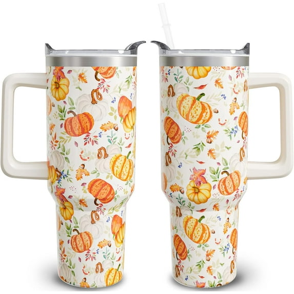 40 oz Fall Tumblers with Handle and Straw, Pumpkin 40oz Stainless Steel Vacuum Insulated Travel Coffee Mug Cup Water Bottle, Thanksgiving Autumn Decor Stuff Accessories Gifts for Women