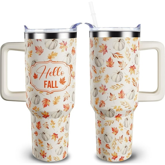40 oz Fall Tumblers with Handle and Straw, Pumpkin 40oz Stainless Steel Vacuum Insulated Travel Coffee Mug Cup Water Bottle, Thanksgiving Autumn Decor Stuff Accessories Gifts for Women
