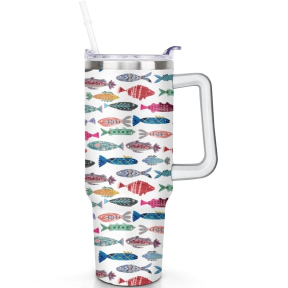 40 oz Fish Theme Tumbler with Handle Spill Proof Lid 40oz Fish Tumbler with Straw Double Insulated Travel Coffee Cup Fish Lover Gifts for Men Women Travel Tumbler Must Have