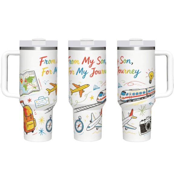 40 oz "From My Son, For My Journey" Travel Tumbler with Handle & Straw, Airplane Train Print Stainless Steel Insulated Travel Mug, Leakproof Lid, Keeps Cold Hot, Adventure Gift