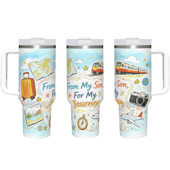 40 oz "From My Son, For My Journey" Travel Tumbler with Handle & Straw, Airplane Train Print Stainless Steel Insulated Travel Mug, Leakproof Lid, Keeps Cold Hot, Adventure Gift