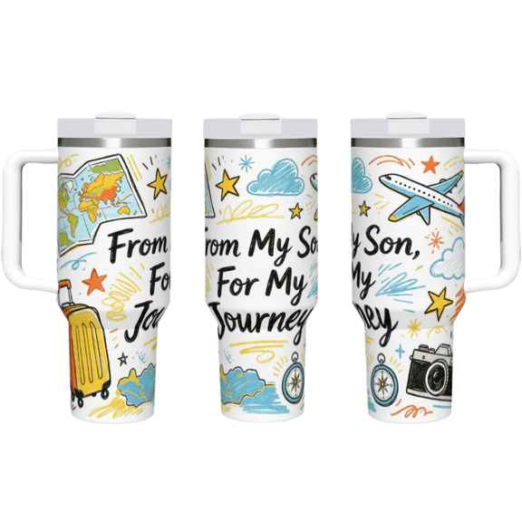 40 oz "From My Son For My Journey" Travel Tumbler with Handle & Straw, Map Airplane Print Stainless Steel Insulated Travel Mug, Leakproof Lid, Keeps Cold Hot, Adventure Gift