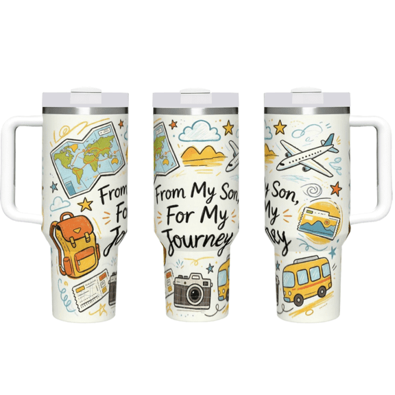 40 oz "From My Son, For My Journey" Travel Tumbler with Handle & Straw, Map Backpack Print Stainless Steel Insulated Travel Mug, Leakproof Lid, Keeps Cold Hot, Adventure Gift