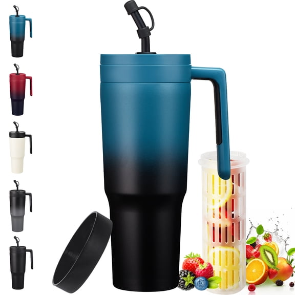 40 oz Fruit Infuser Tumbler with Handle and Straw, Stainless Steel Insulated Water Bottle with Leakproof Lid, Keeps Drinks Cold Up to 46 Hours, Fits Most Car Cup Holders for Work, Travel and Gym