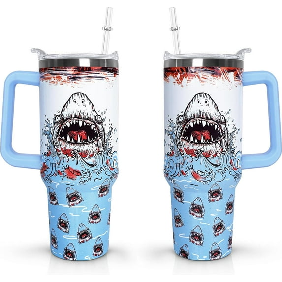40 oz Funny Shark Tumbler with Handle and Straw Lid Gift Ideas for Shark Themed Lovers Adults Double Insulated Cup Travel Coffee Mug