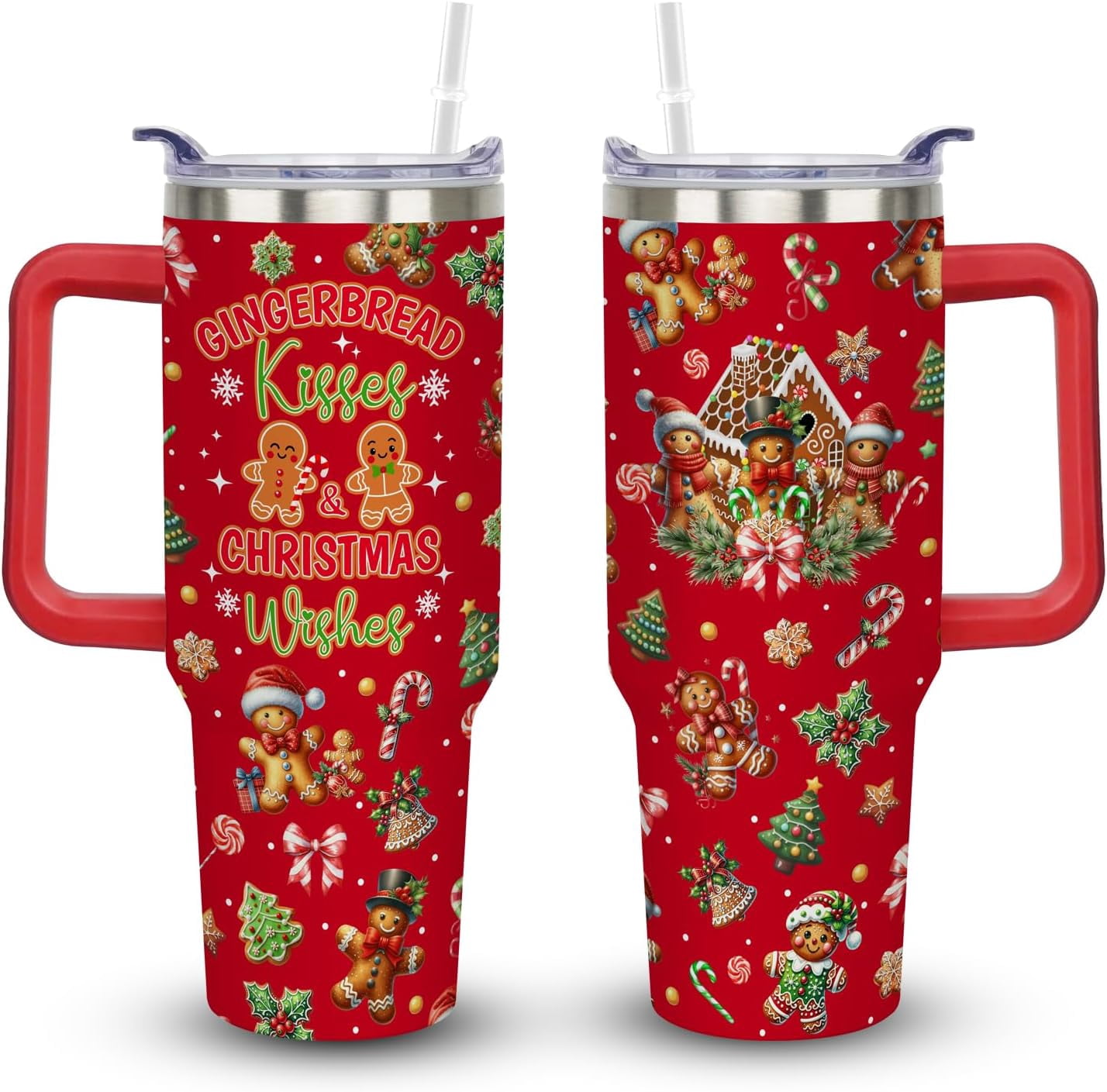 40 oz Gingerbread Christmas Tumbler with Handle Gifts for Women Adults Girls, Stainless Steel Christmas Insulated Tumblers with Lids and Straws, Red