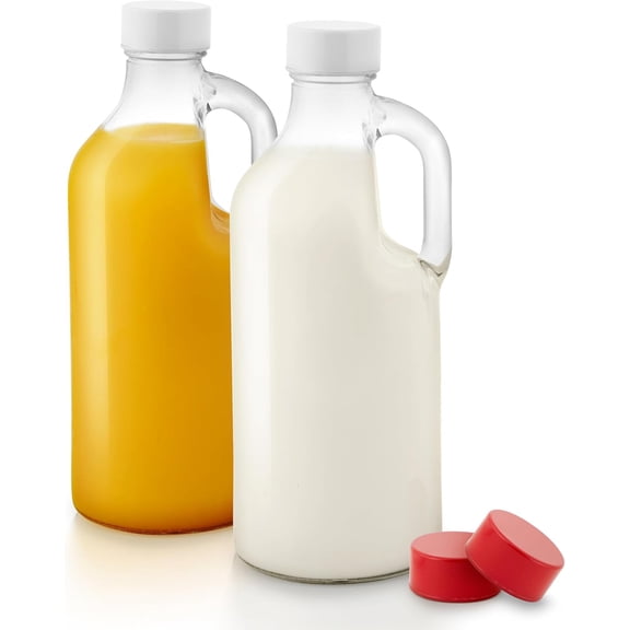 40 oz Glass Milk Bottle with Lid and Handle (2 Pack), 4 Reusable Caps, Milk Container for Refrigerator, Glass Juice Bottles, Water, Almond Cow Milk Storage Bottle, Glass Milk Jug