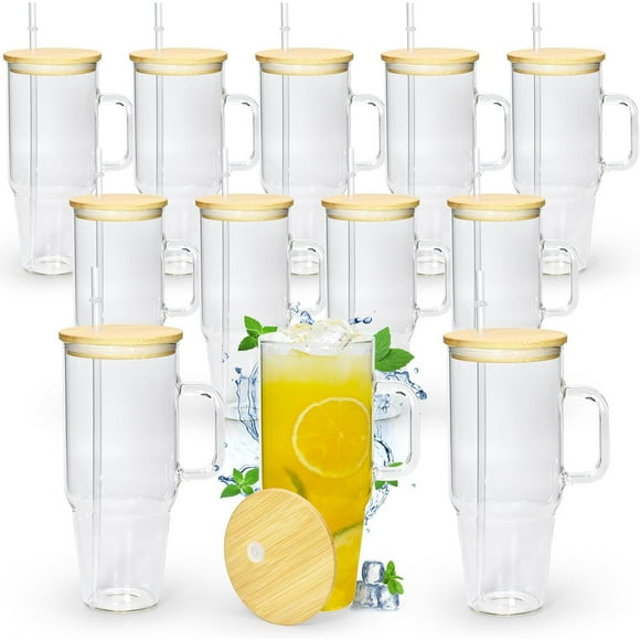 40 oz Glass Tumbler with Handle 12 Pack Glass Tumbler with Straw and Lid Clear Reusable Iced Coffee Cup, Fits Car Cup Holder, BPA Free, for Boba Tea, Juice, Smoothie, Beer