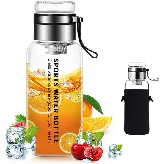 40 oz Glass Water Bottles - Large, Clear, Borosilicate Glass Water Bottle with Stainless Tea Infuser - Cup-Function Lid, Neoprene Sleeve, Strap - Wide Mouth BPA free, for Tea, Beverages, Juice