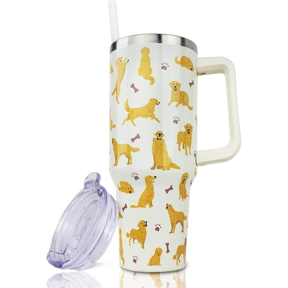 40 oz Golden Retriever Tumbler, Stainless Steel Dog Cup with Leak Proof Lid, Handle & Straw - Ideal Gift for Dog Lovers Women