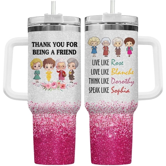 40 oz Golden Squad Tumbler with Handle and Straw Lid, "Thank You For Being A Friend" Insulated Stainless Steel Travel Mug, Birthday Friendship Gift for Besties