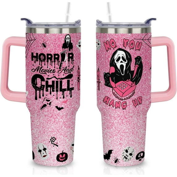 40 oz Halloween Horror Spooky Tumbler with Handle, Lid and Straw - Halloween Cup Gifts for Women Girls, Halloween Cups for Adults, Pink