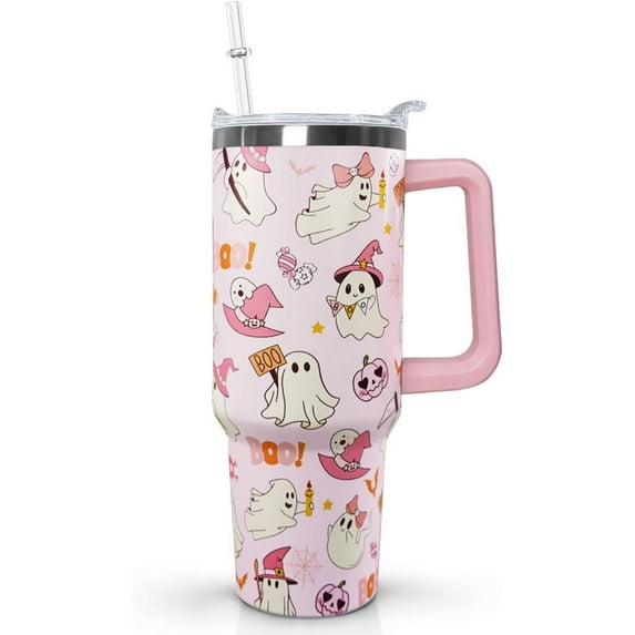 40 oz Halloween Pink Boo Tumbler Insulated Stainless Tumbler,Halloween Goth Ghost Travel Coffee Cup Water Botter, Witch Goth Decor Halloween Gifts For Women