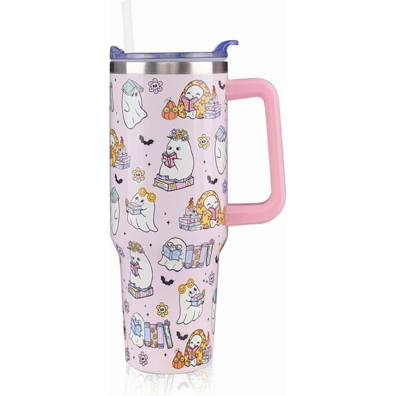 40 oz Halloween Tumbler with Lid and Straw, Stainless Steel Insulated Ghost Reading Book Tumbler 40 oz, Reusable Ghost Cup with Leak Proof Lid, Halloween Gifts for Women