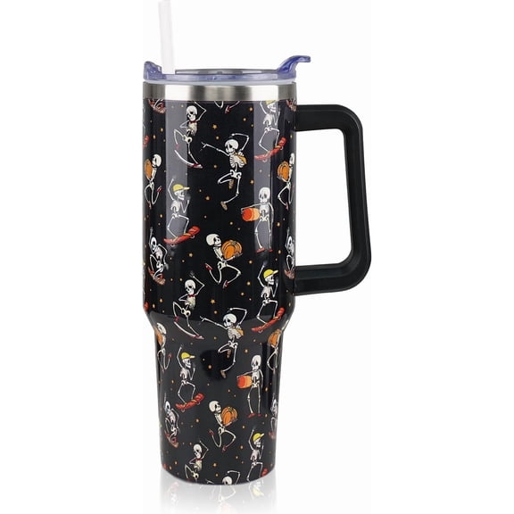 40 oz Halloween Tumbler with Lid and Straw, Stainless Steel Insulated Skull Tumbler 40 oz, Reusable Skull Cup with Leak Proof Lid, Halloween Gifts for Women