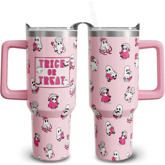 40 oz Halloween Tumblers with Handle and Straw, Pink Ghost 40oz Stainless Steel Vacuum Insulated Travel Coffee Mug Cup Water Bottle, Spooky Decor Stuff Accessories Gifts for Women