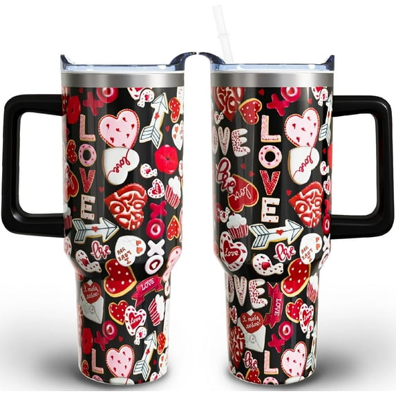 40 oz Heart Tumblers with Handle and Straw, Heart 40oz Stainless Steel Vacuum Insulated Travel Coffee Mug Cup Water Bottle, Stuff Accessories Gifts for Women