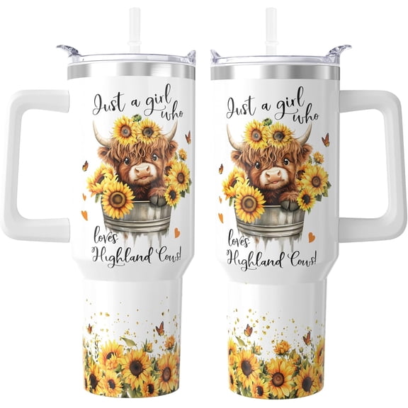 40 oz Highland Cow Tumbler With Handle and Straw, Leakproof Stainless Steel Insulated Tumbler, Cup Holder Friendly, Birthday Christmas Gifts for Women Who Loves Cow, Travel Coffee Mug Water Bottle