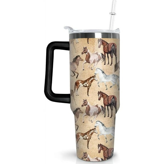 40 oz Horse Tumbler with Handle and Straw, Brown White Horse Stainless Steel Vacuum Insulated Travel Coffee Mug Cup Water Bottle, Horse Stuff Accessories Decor, Horse Gifts for Women Girls