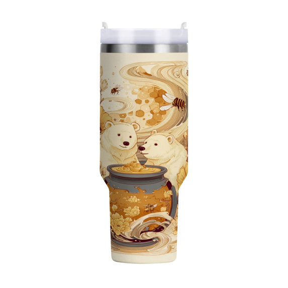 40 oz Insulated Stainless Steel Tumbler Double Wall Stainless Steel Tumbler with 2-Way Drinking Bears Are Eating Honey