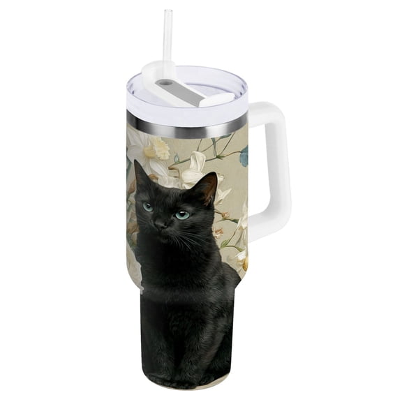 40 oz Insulated Stainless Steel Tumbler Double Wall Stainless Steel Tumbler with 2-Way Drinking Black Cat and Glass Vase