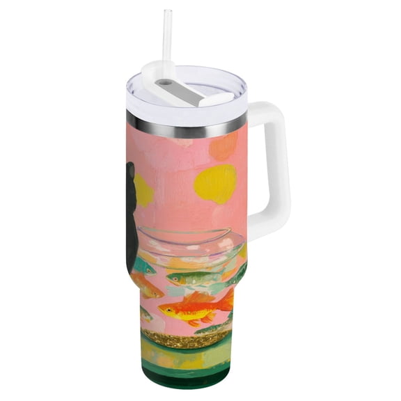 40 oz Insulated Stainless Steel Tumbler Double Wall Stainless Steel Tumbler with 2-Way Drinking Black Cat and Goldfish Bowl
