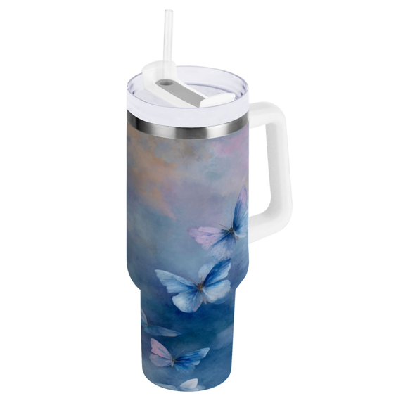 40 oz Insulated Stainless Steel Tumbler Double Wall Stainless Steel Tumbler with 2-Way Drinking Blue Butterflies Flying