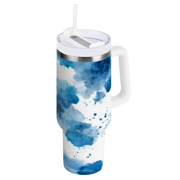 40 oz Insulated Stainless Steel Tumbler Double Wall Stainless Steel Tumbler with 2-Way Drinking Blue Ink Pattern