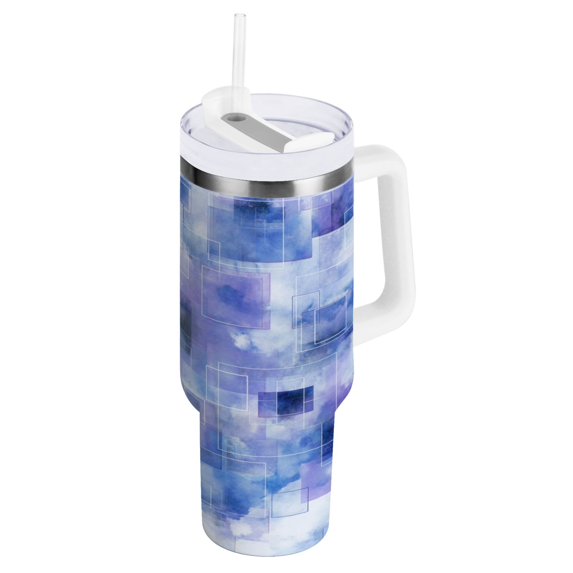 40 oz Insulated Stainless Steel Tumbler Double Wall Stainless Steel Tumbler with 2-Way Drinking Blue Squares and Shapes
