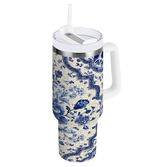 40 oz Insulated Stainless Steel Tumbler Double Wall Stainless Steel Tumbler with 2-Way Drinking Blue and White Porcelain-style
