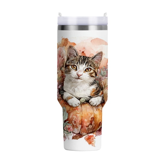 40 oz Insulated Stainless Steel Tumbler Double Wall Stainless Steel Tumbler with 2-Way Drinking Cute Cat with Autumn Leaves