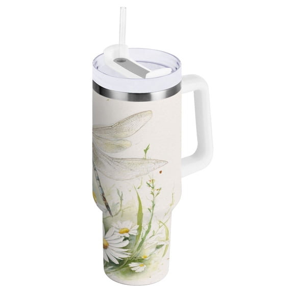 40 oz Insulated Stainless Steel Tumbler Double Wall Stainless Steel Tumbler with 2-Way Drinking Dragonflies with White Daisies