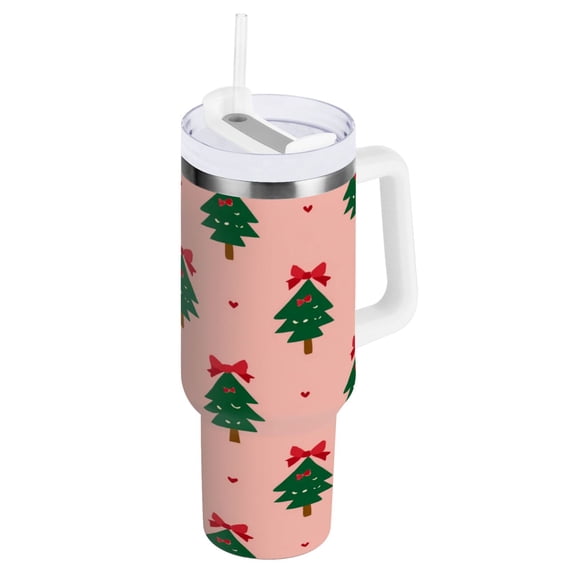 40 oz Insulated Stainless Steel Tumbler Double Wall Stainless Steel Tumbler with 2-Way Drinking Green Trees and Red Bows