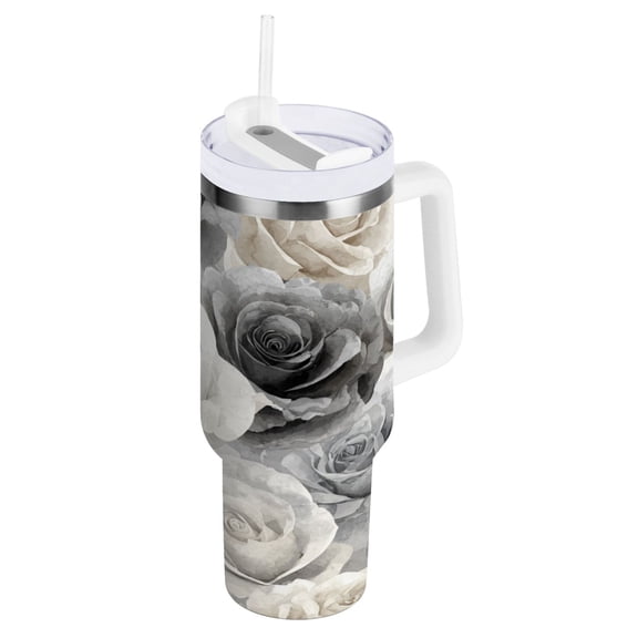 40 oz Insulated Stainless Steel Tumbler Double Wall Stainless Steel Tumbler with 2-Way Drinking Ink Wash Style Roses