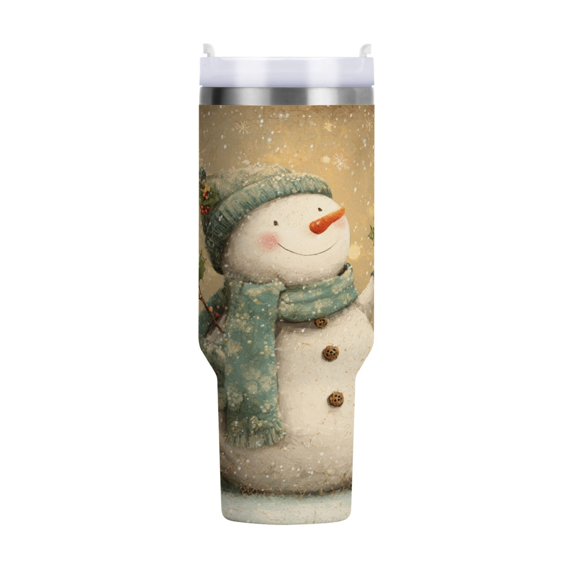 40 oz Insulated Stainless Steel Tumbler Double Wall Stainless Steel Tumbler with 2-Way Drinking Light Green Smiling Snowman