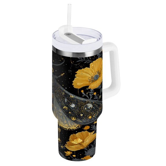 40 oz Insulated Stainless Steel Tumbler Double Wall Stainless Steel Tumbler with 2-Way Drinking Mystical Moth Pattern