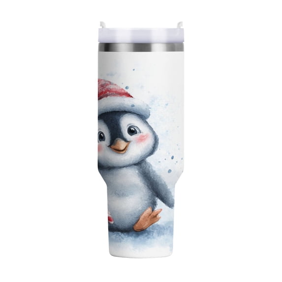 40 oz Insulated Stainless Steel Tumbler Double Wall Stainless Steel Tumbler with 2-Way Drinking Penguin Holding Candy Cane