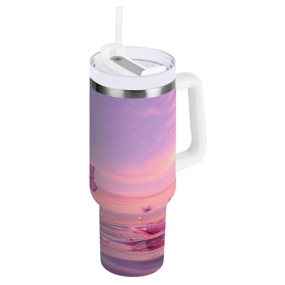 40 oz Insulated Stainless Steel Tumbler Double Wall Stainless Steel Tumbler with 2-Way Drinking Pink Butterflies Flying