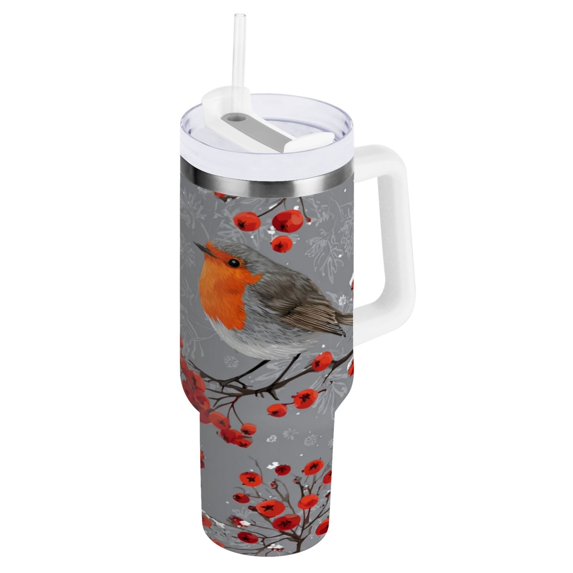 40 oz Insulated Stainless Steel Tumbler Double Wall Stainless Steel Tumbler with 2-Way Drinking Red Berries and Robin Birds
