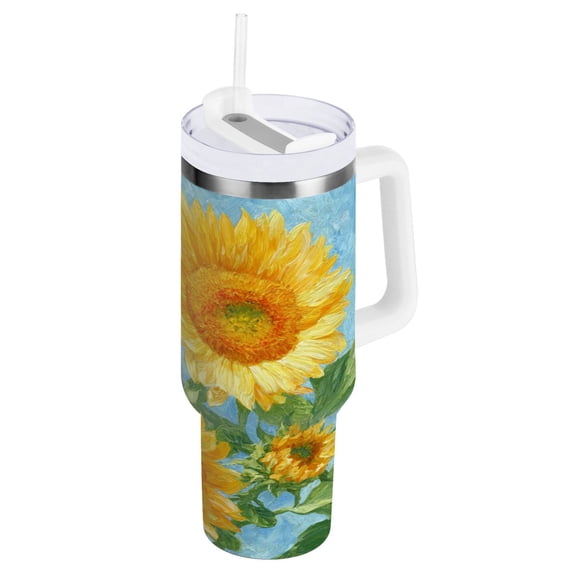 40 oz Insulated Stainless Steel Tumbler Double Wall Stainless Steel Tumbler with 2-Way Drinking Sunflower Oil Painting