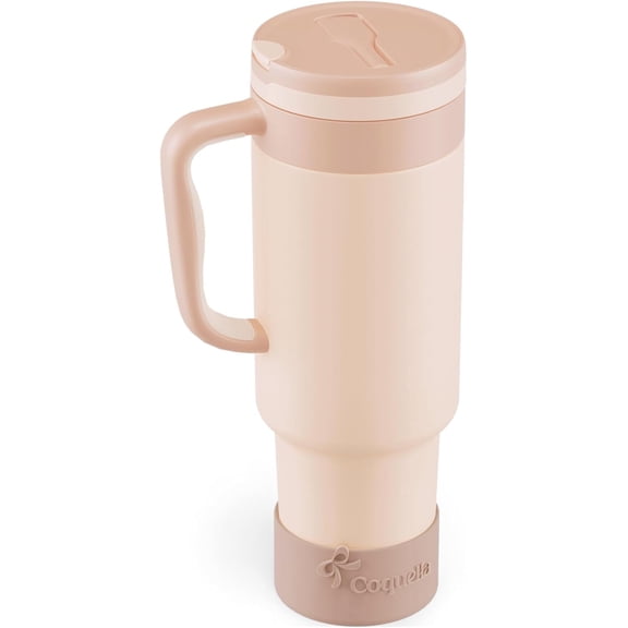 40 oz Insulated Tumbler with Handle Push-Button Straw Lid Stainless Steel Travel Cup Leakproof BPA-Free Cup Holder Friendly Silicone Boot Color Cream Latte
