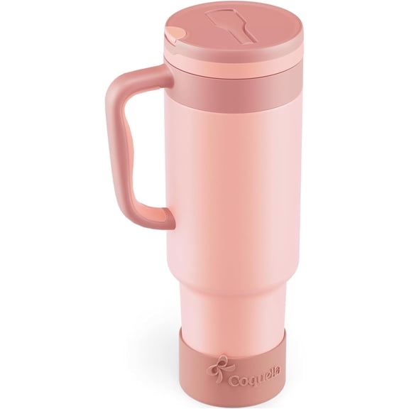 40 oz Insulated Tumbler with Handle Push-Button Straw Lid Stainless Steel Travel Cup Leakproof BPA-Free Cup Holder Friendly Silicone Boot Peach Roasted