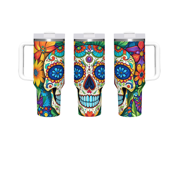 40 oz Insulated Tumbler with Handle & Straw, Colorful Sugar Skull Print Stainless Steel Travel Mug, Leakproof Lid, Double Wall Vacuum Coffee Cup for Cold/Hot Drinks, Festive Mexican Style