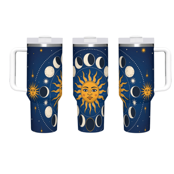 40 oz Insulated Tumbler with Handle & Straw, Navy Blue Sun Moon Phase Stainless Steel Mug, Leakproof Lid, Double Wall Vacuum Cup for Cold Hot Drinks, Mystical Astrology Style